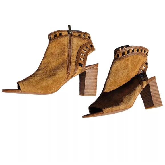 Franco Sarto Brown Leather Peep Toe Zip High Heel Cut Out Ankle Boots Size 10 - Picture 3 of 8